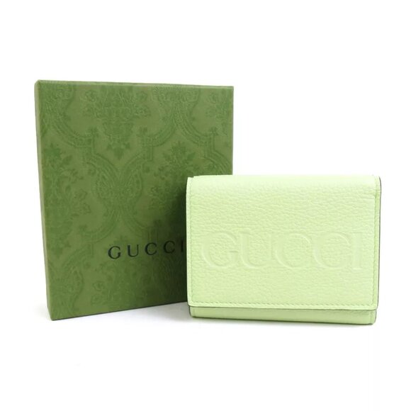 Auth GUCCI Trifold Wallet Light Yellow Green Leather - Picture 1 of 8